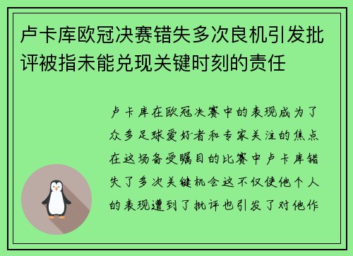 卢卡库欧冠决赛错失多次良机引发批评被指未能兑现关键时刻的责任