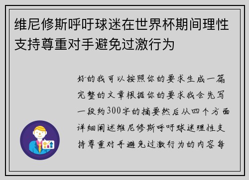 维尼修斯呼吁球迷在世界杯期间理性支持尊重对手避免过激行为