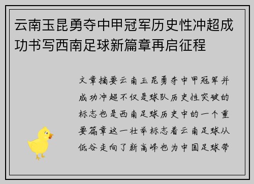 云南玉昆勇夺中甲冠军历史性冲超成功书写西南足球新篇章再启征程 云南玉昆勇夺中甲冠军历史性冲超成功书写西南足球新篇章再启征程